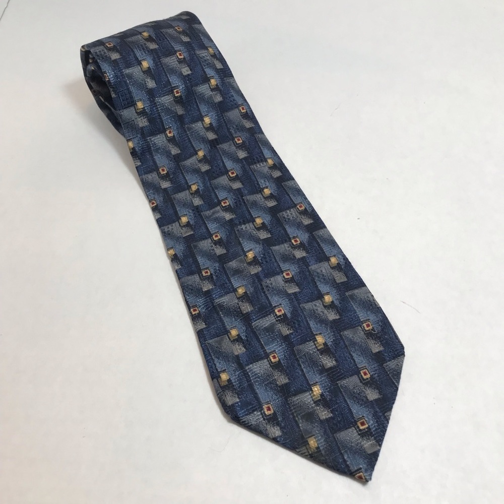 Jeffrey Banks mens silk tie Shades of blue gray &  gold print Made in Canada